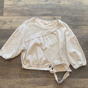 Anthropologie Cream Striped Tie-Front Sweatshirt